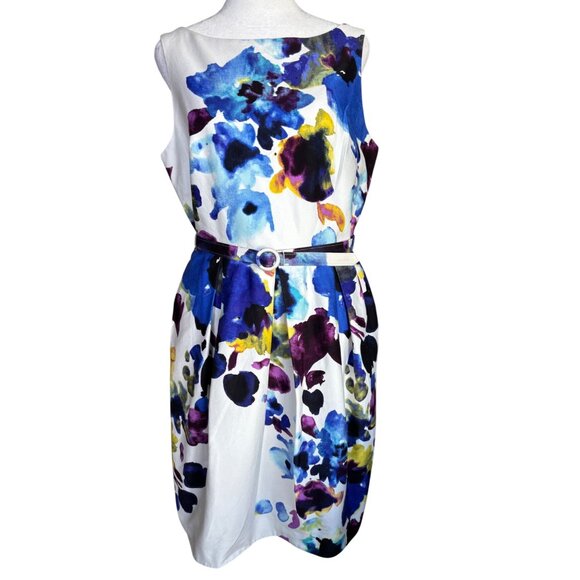 Eliza J‎ Size 12 Watercolor Bright Floral Sleeveless Dress Belt & V-Back - Picture 1 of 10